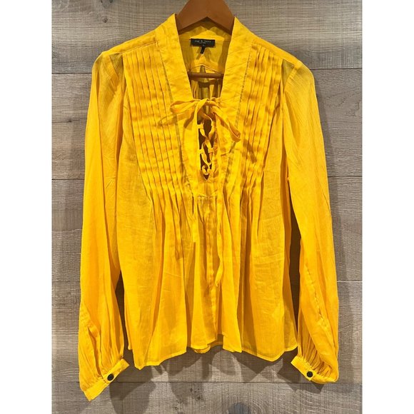 NEW Rag & Bone Sachi Pleat Split Neck Cotton/Silk Top Safron size S - Picture 2 of 8